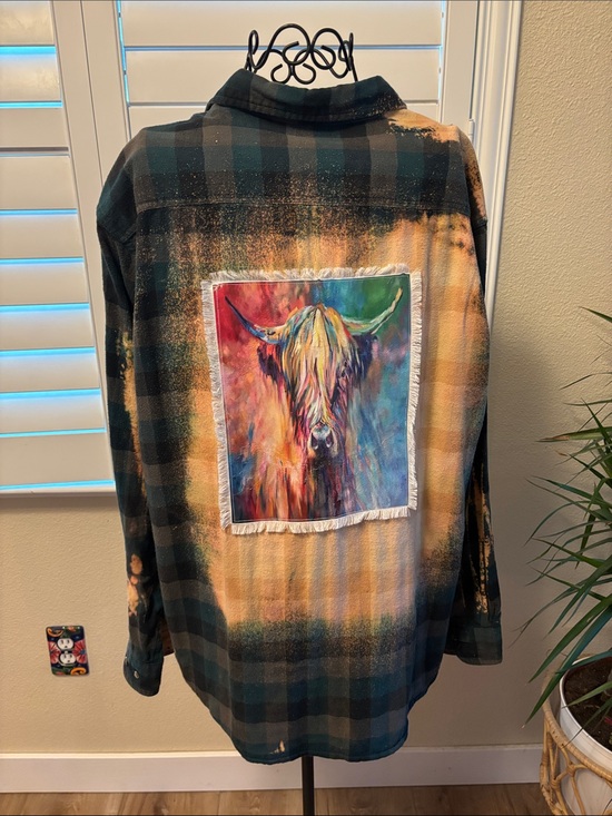 Handmade Other - Handmade one of kind distressed flannel with Colorful Highland Cow Patch